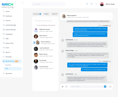 Social connect dashboard with real-time chat, networking, and community interaction features.